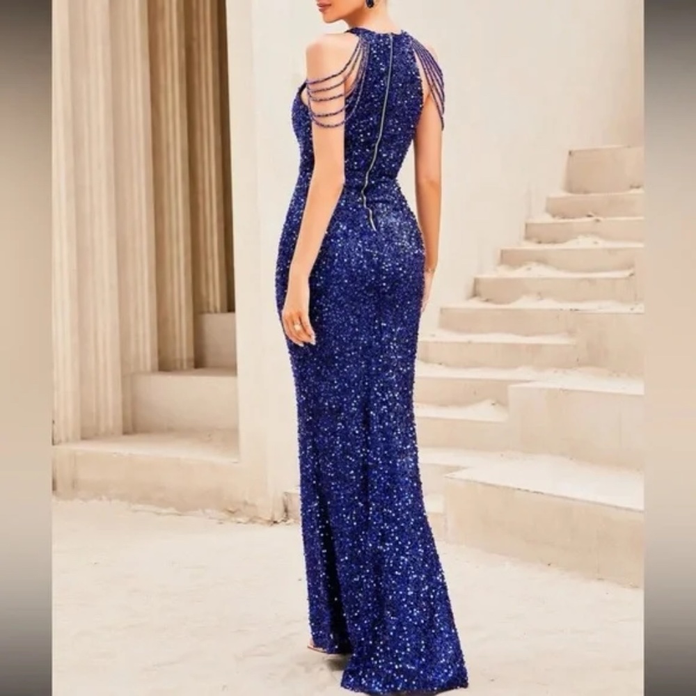 Luxe Sequin Rhinestone Halter Formal Black Tie Wedding Dress - Picture 12 of 16
